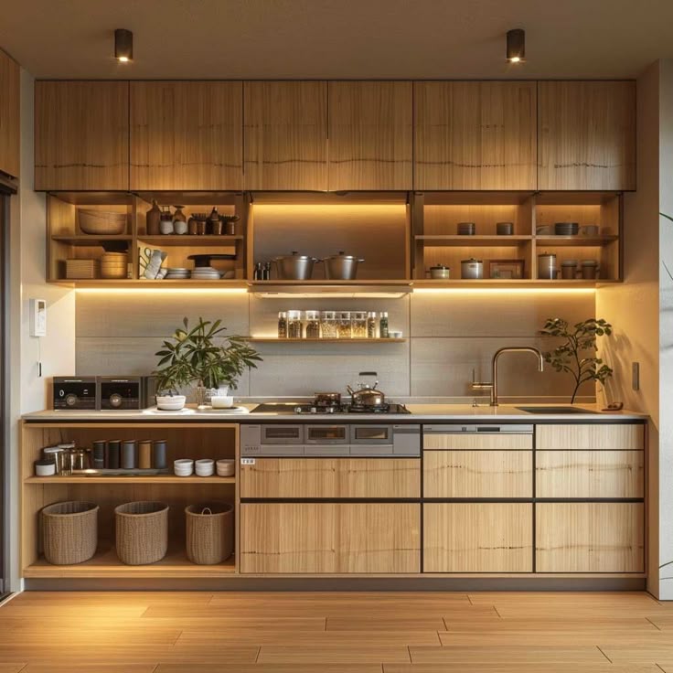 Сучасна кухня в японському стилі з натурального дерева з теплою підсвіткою