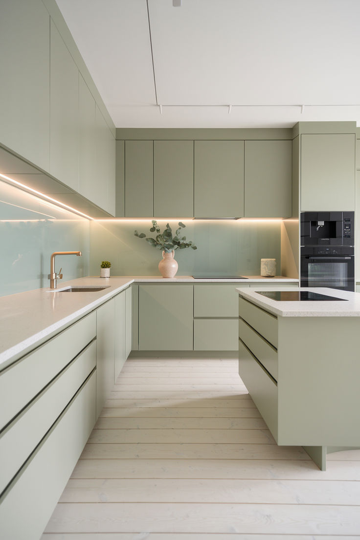 Мінімалістична кухня у світло-зеленій палітрі з акцентом на натуральність