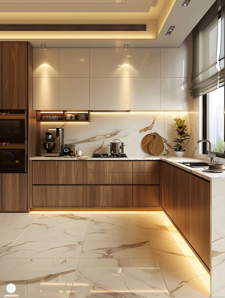 Елегантність мармуру та тепло дерева в інтер’єрі кухні